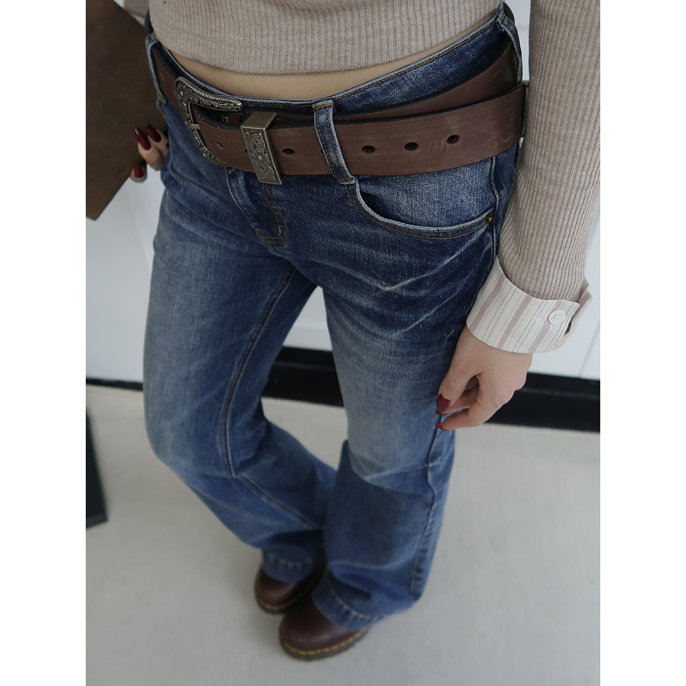 美式复古水洗微喇叭牛仔裤女秋新款辣妹低腰弹力紧身显瘦直筒裤子