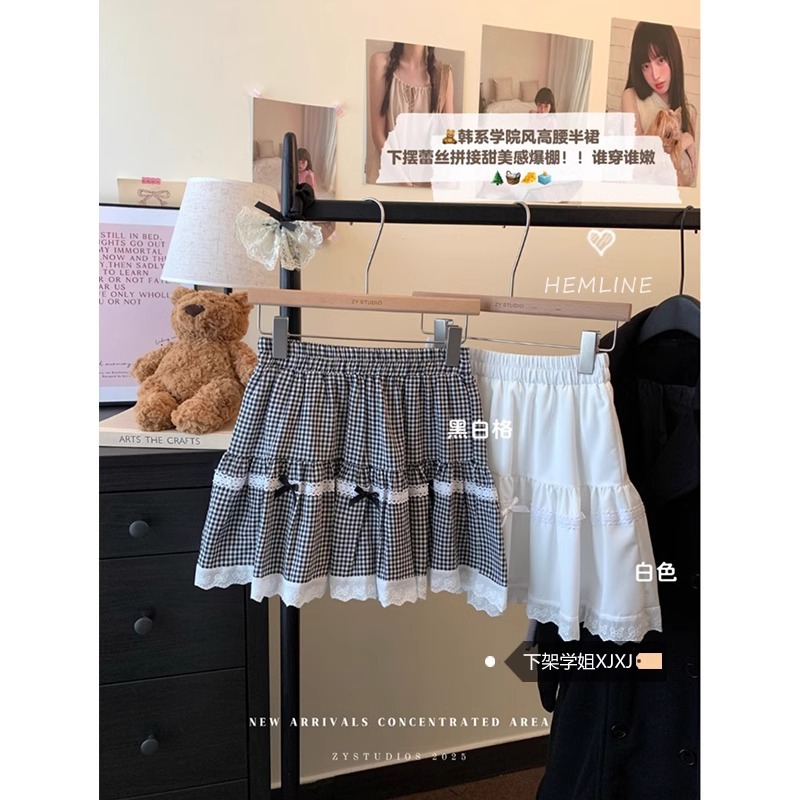 甜美风蕾丝边蝴蝶结格纹蛋糕半身裙夏季新款百搭短裙
