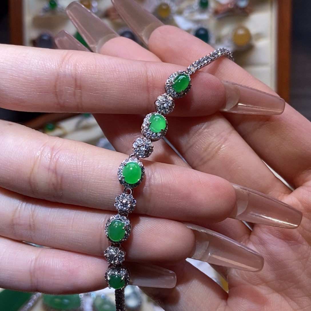 银S925镶嵌手链翡翠纯天然缅甸翡翠a货满绿手链