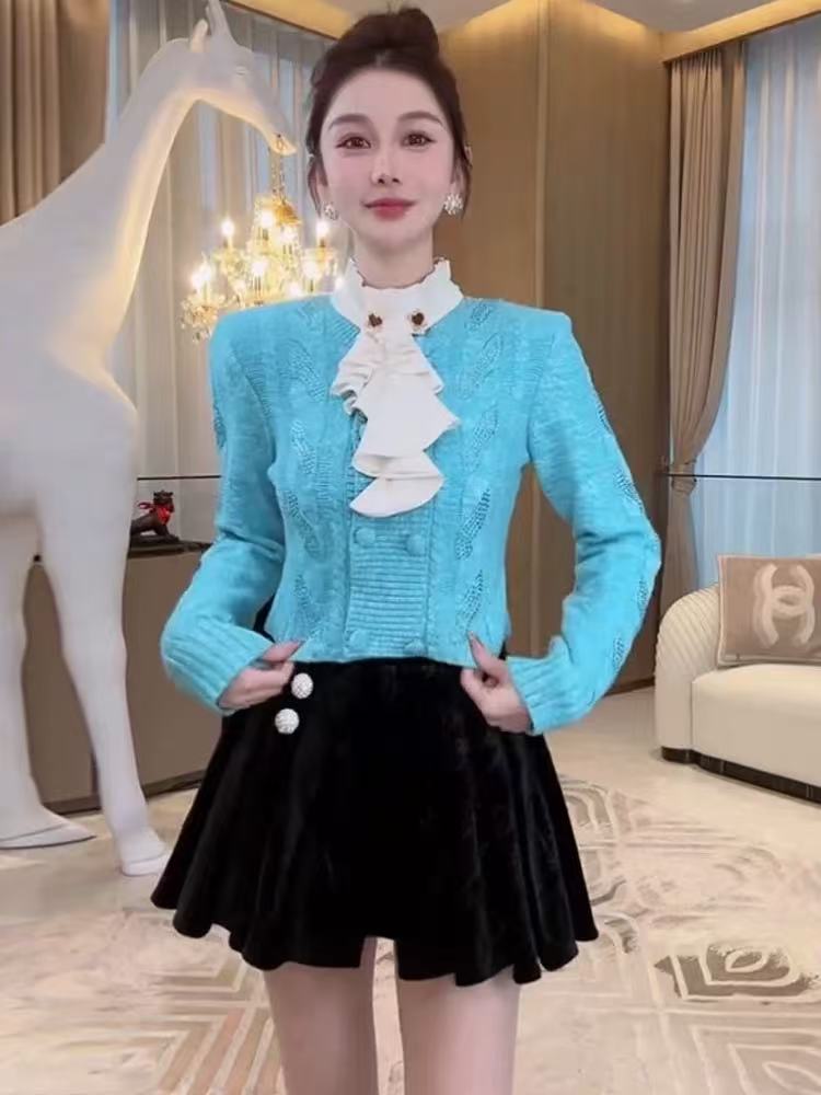 韩系高级感蓝色蝴蝶结领毛衣女秋冬气质设计感立领显白针织衫上衣