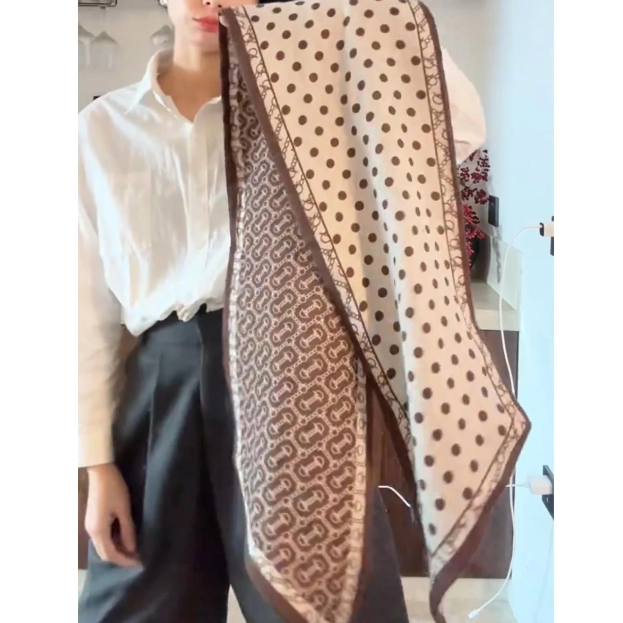 【波点咖啡】20*130斜角长条装饰职业领巾气质时尚小香风飘带丝巾