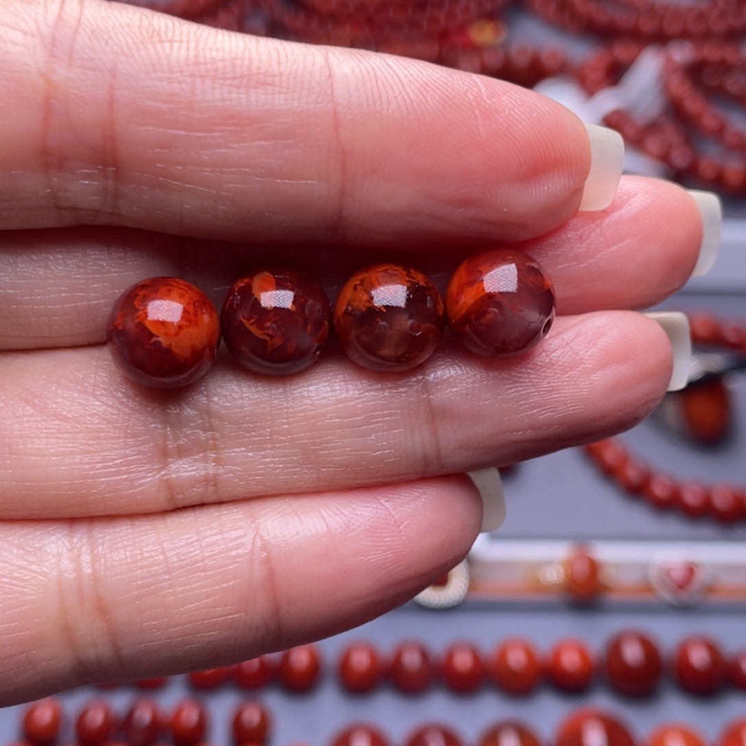 肖***爷南红玛瑙未镶嵌配珠9.6mm瓦西玫瑰牛血火焰单珠