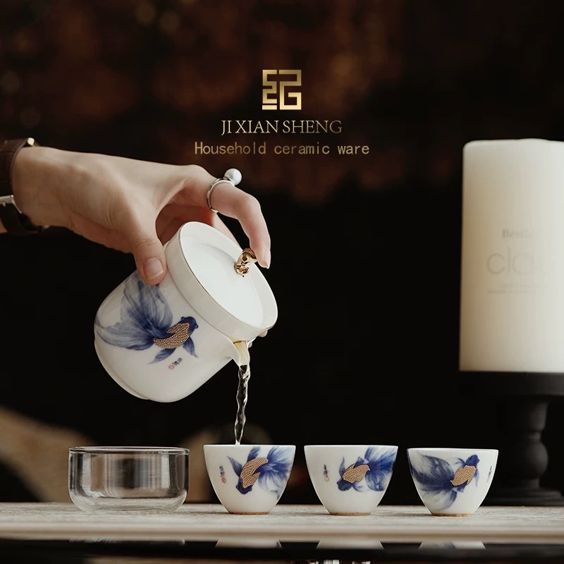 鎏金羊脂玉青花锦鲤旅行茶具便携快客杯泡茶壶一壶三杯送长辈领导