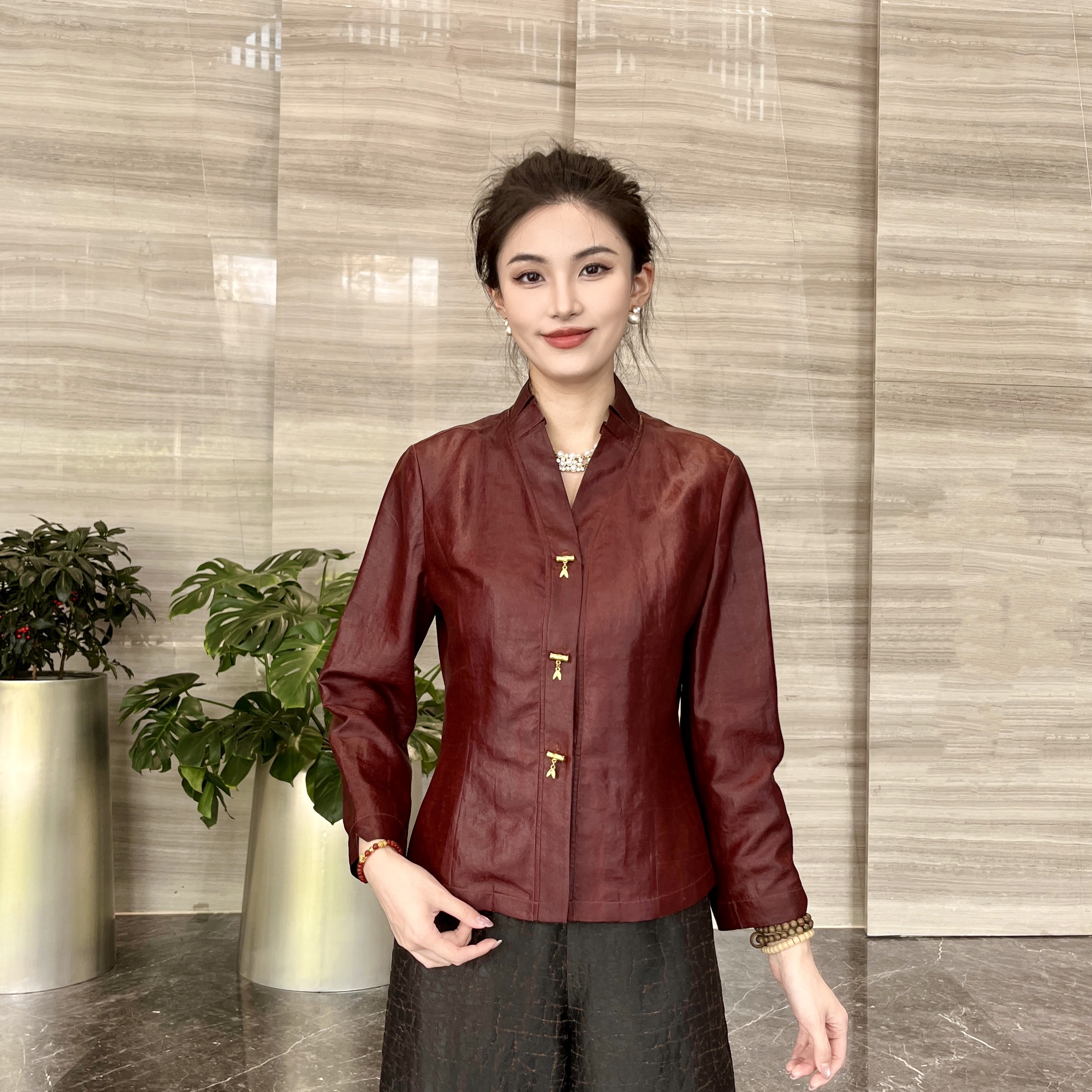 FSSIA专属墨竹-复古国风红云纱龟纹100桑蚕丝荷叶领西装外套4081
