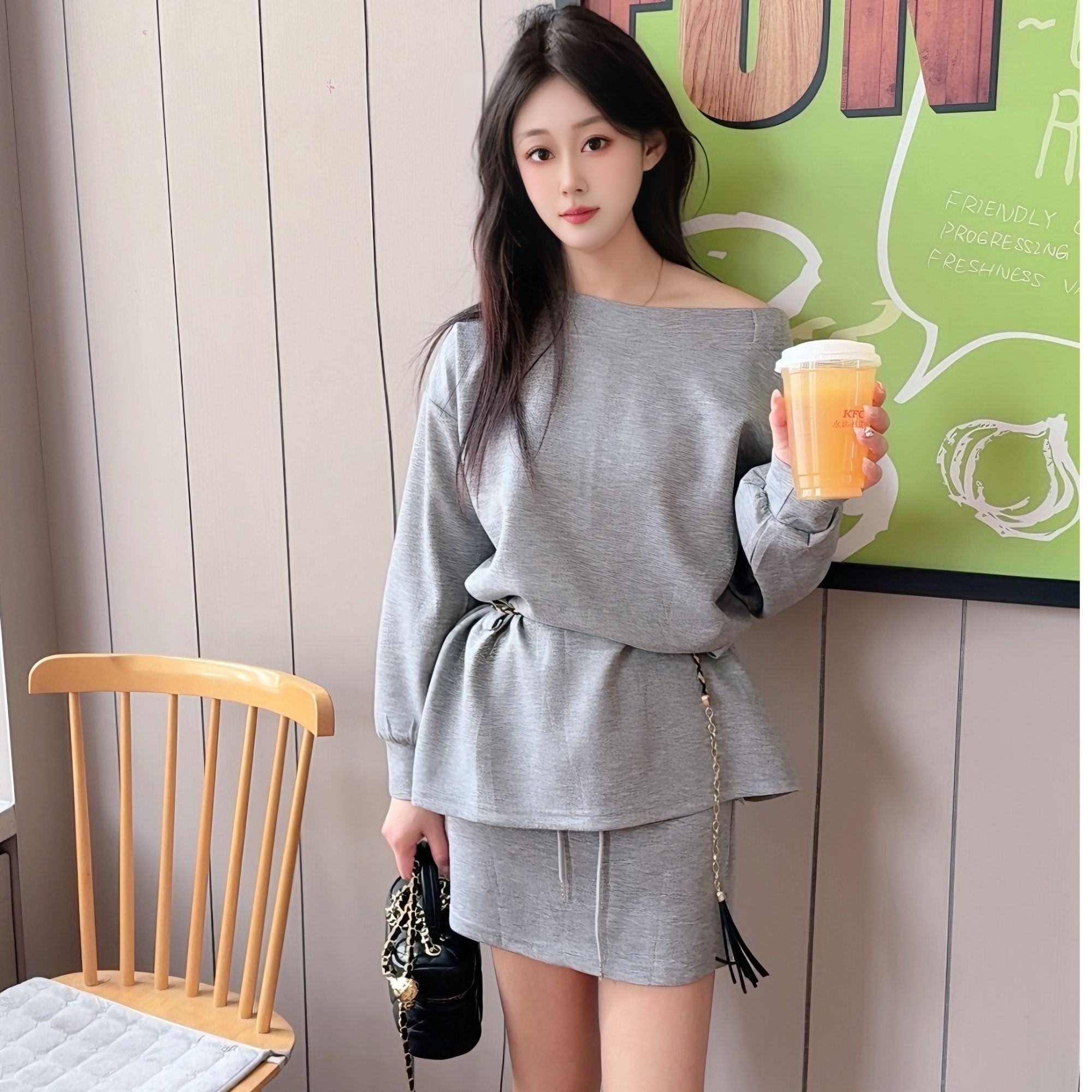 春季新款腰带性感露肩斜领卫衣宽松中长款上衣套装休闲卫衣时尚