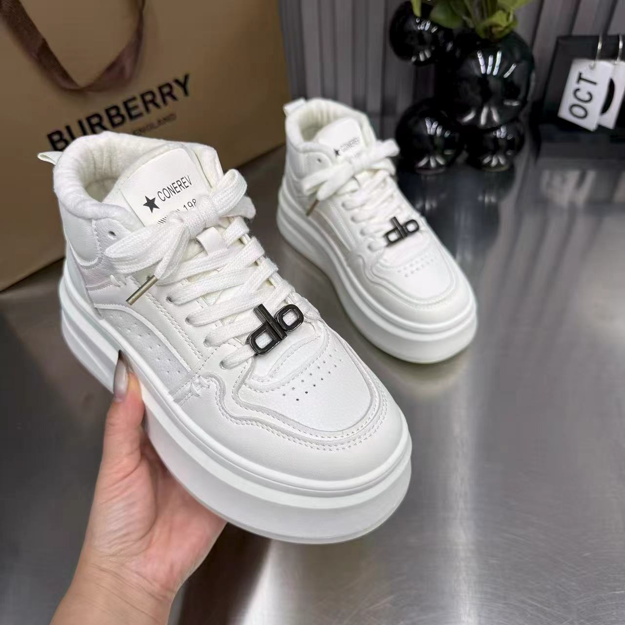 二棉 高帮鞋女秋季加绒厚底增高小白鞋百搭休闲运动板鞋 1111