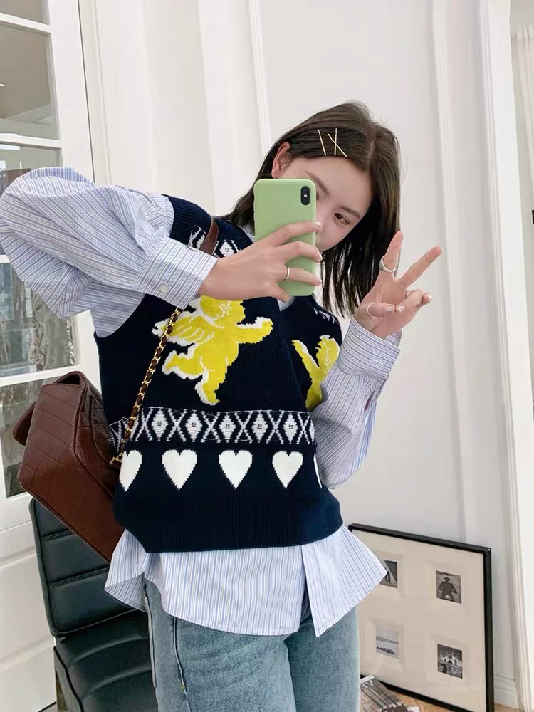 休闲春季韩版撞色女秋季坎肩V领冬季无袖毛针织衫