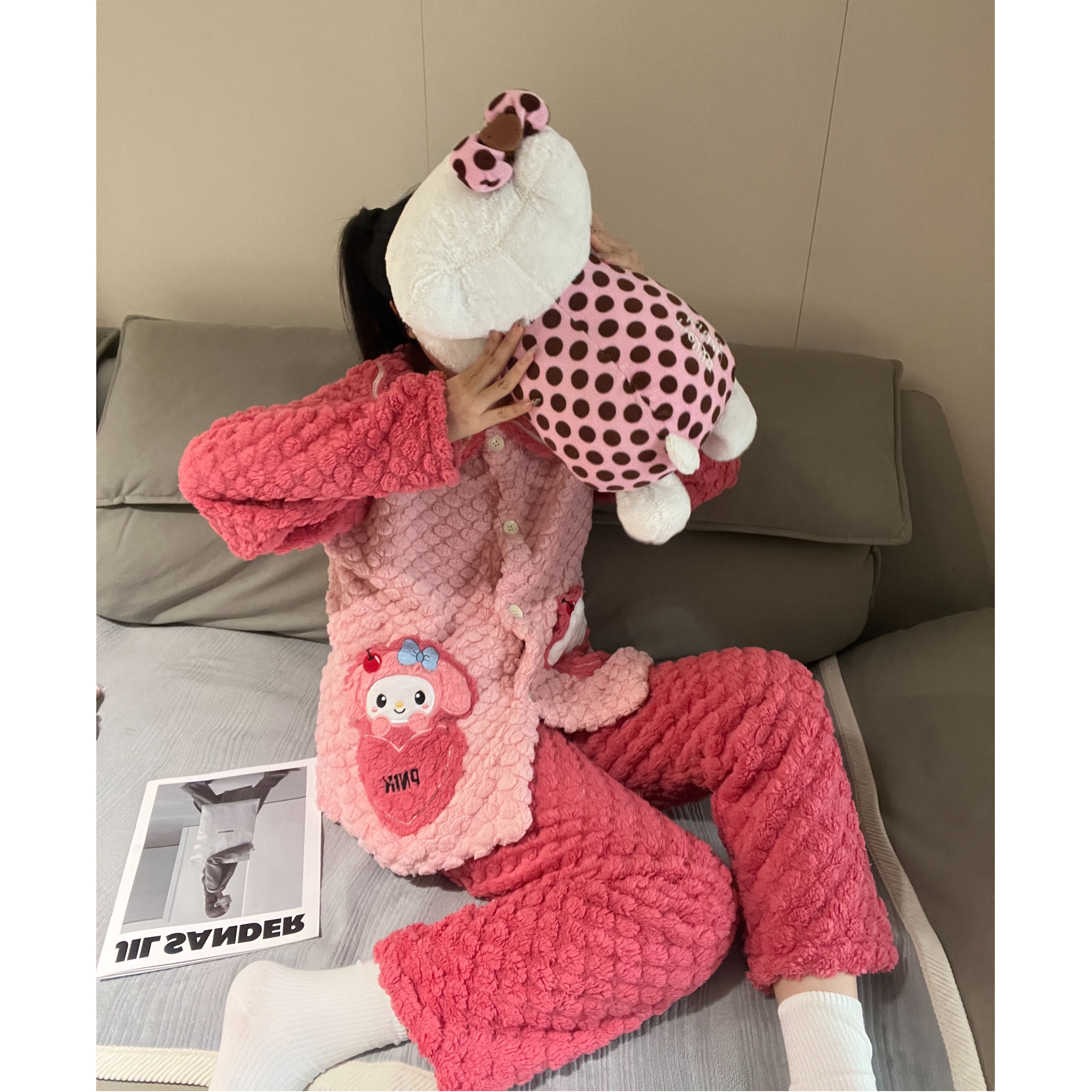 睡衣女学生秋冬季珊瑚绒玉桂狗开衫加厚加绒法兰绒卡通家居服套装