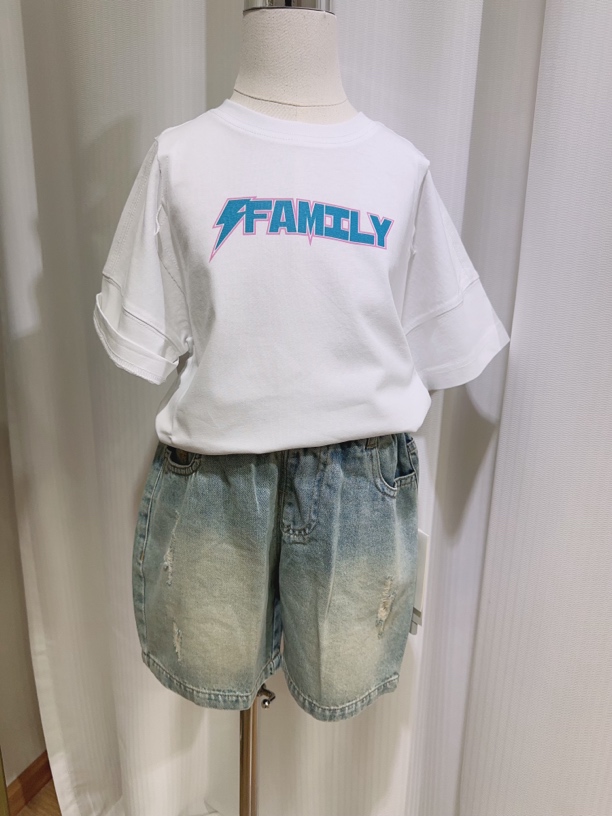 夏季套装白色字母小童➕复古牛仔短裤