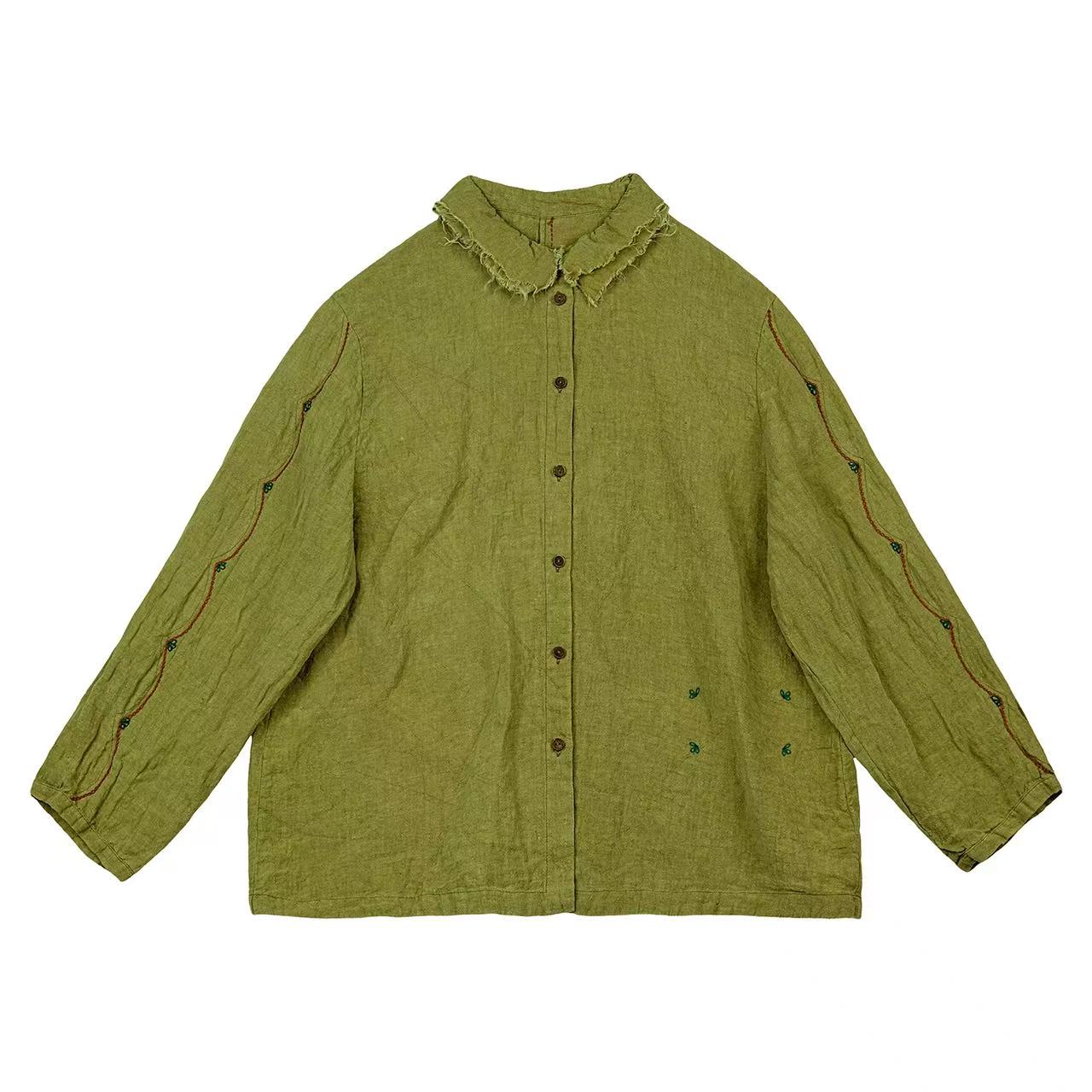 妝點家 自由荷花花 亚麻 宽松休闲落肩毛边翻领 衬衫 Y25FW 6209