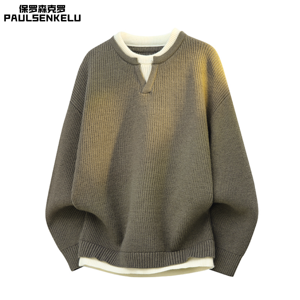 保罗森克罗秋冬高品男士修身毛衣圆领长袖拼接假两件保暖打底衫潮