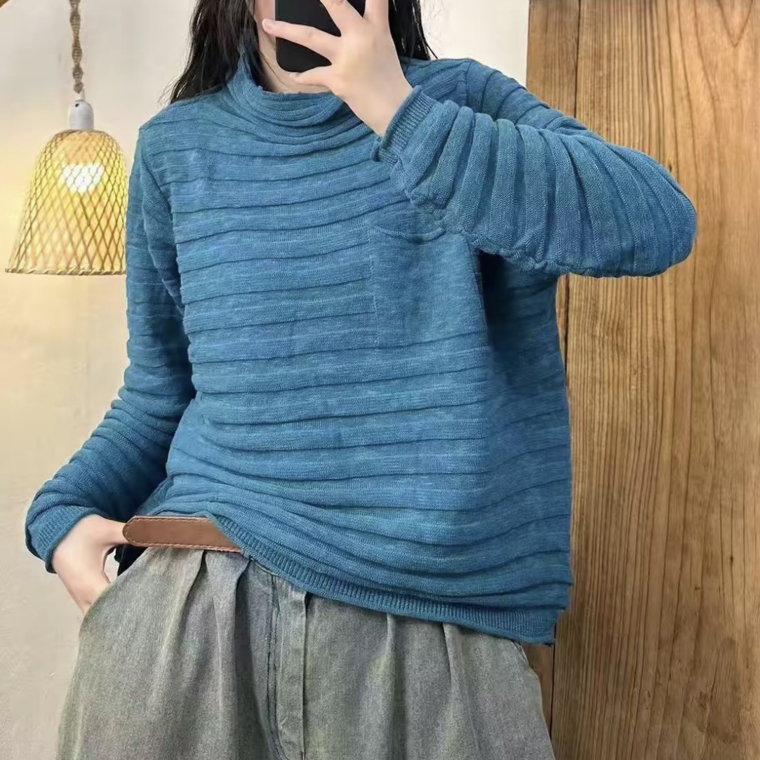 长袖堆堆领女针织休闲风毛针织衫落肩袖短款薄款上衣