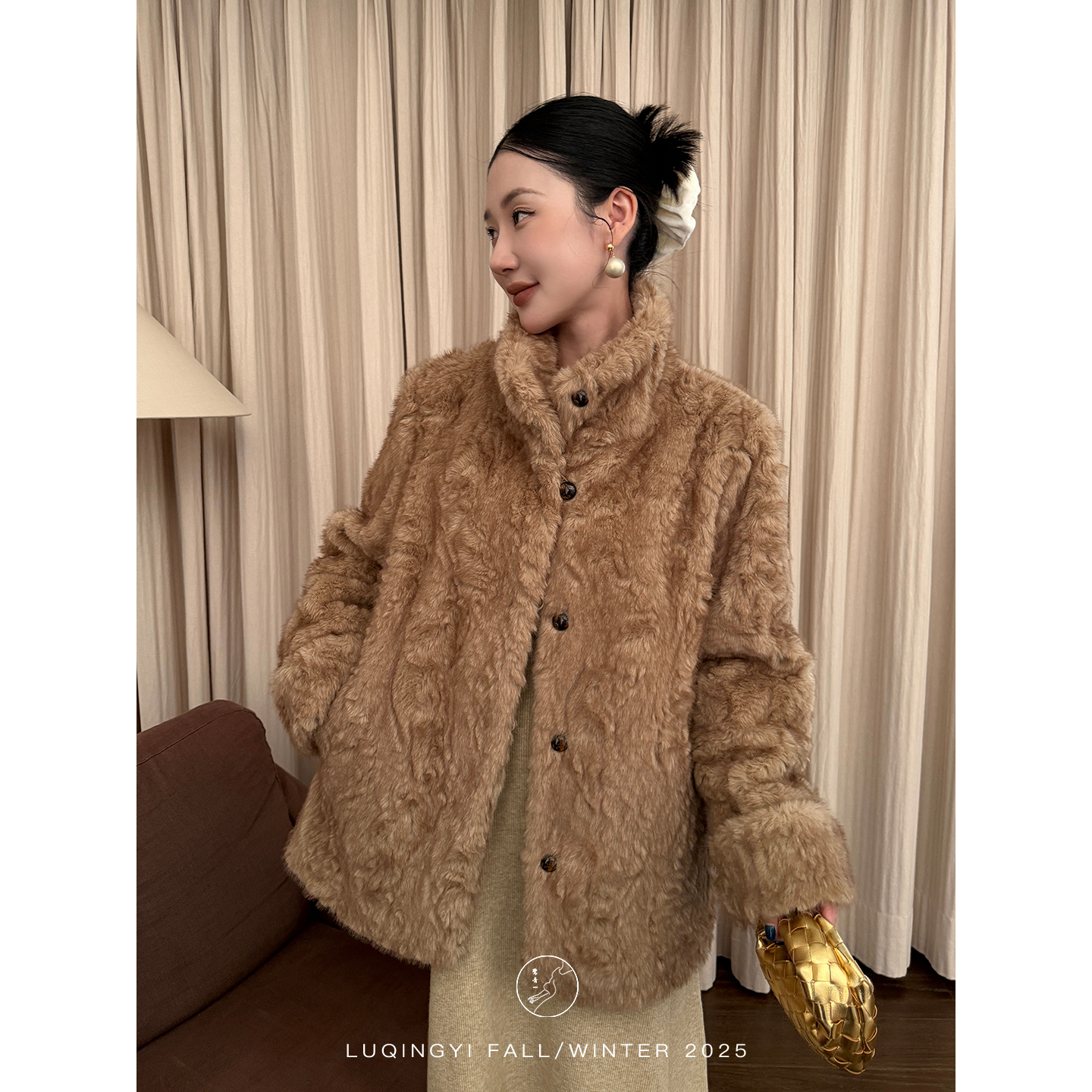 鹭青一原创【淡黄昏】环保宽松保暖皮草外套女L25P1151L