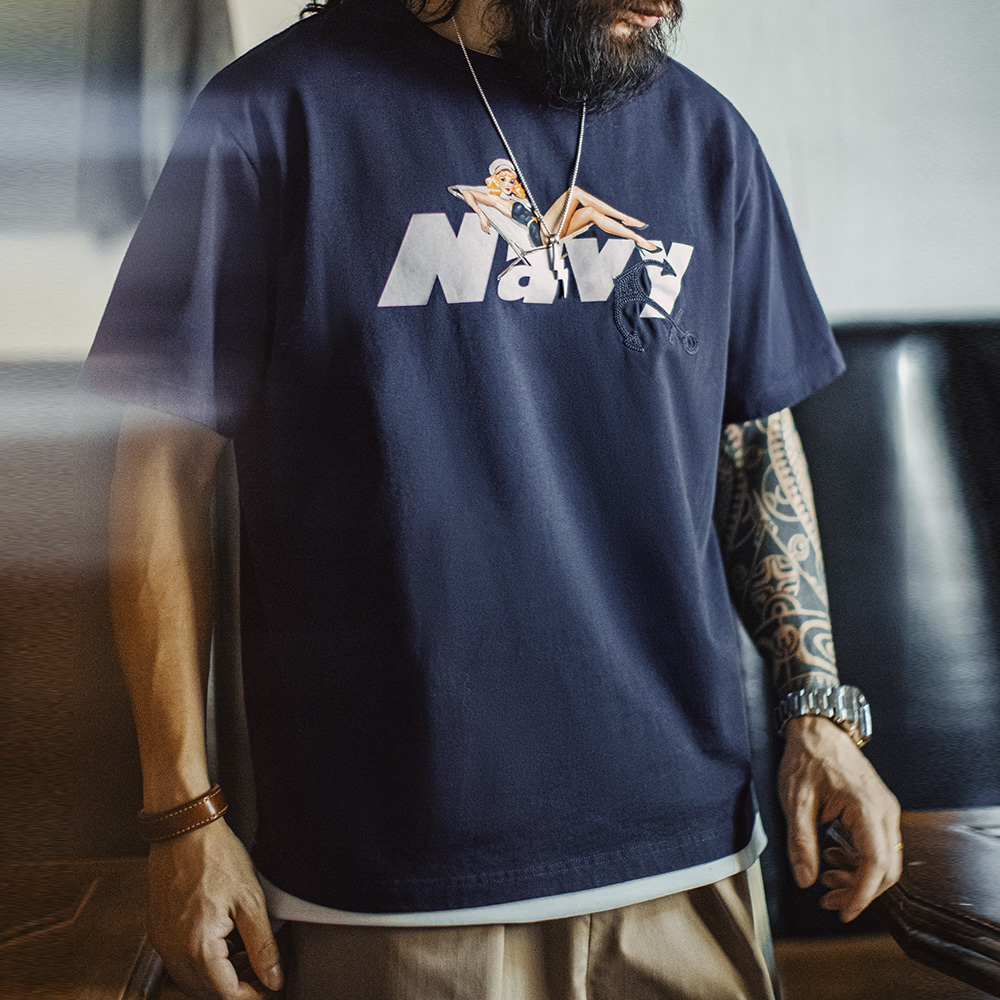 马登工装美式复古重磅T恤纯棉刺绣印花螺纹领口海军蓝短袖男夏季