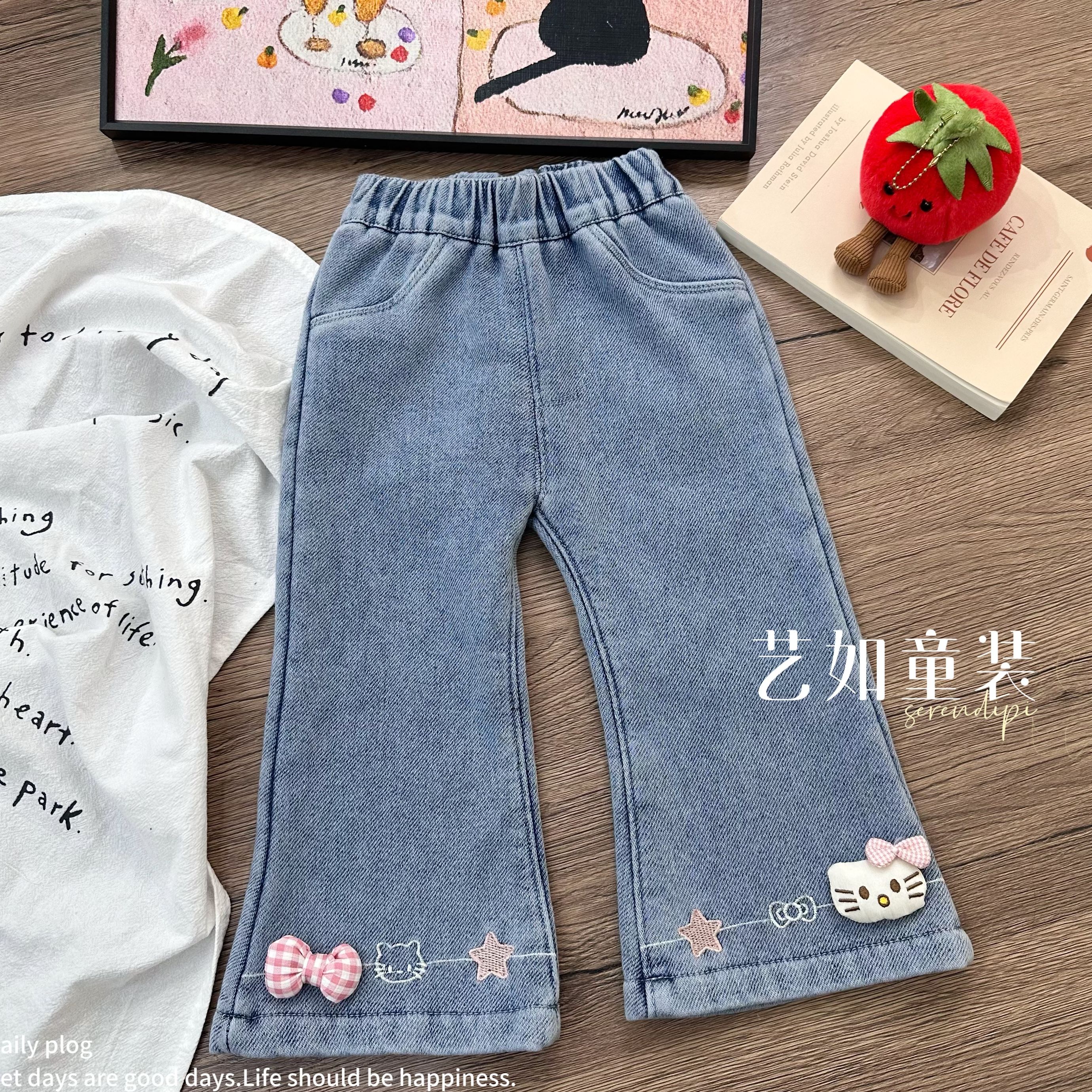 【甜柚喵酱】2025冬季上新女童卡通刺绣加绒牛仔裤D-H614