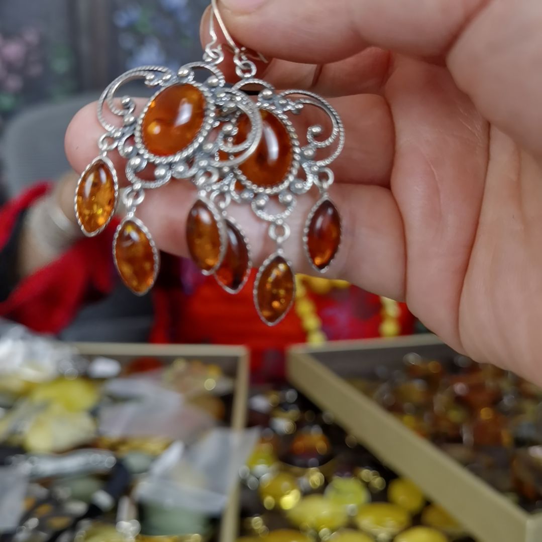 琥珀耳饰银S925镶嵌耳环