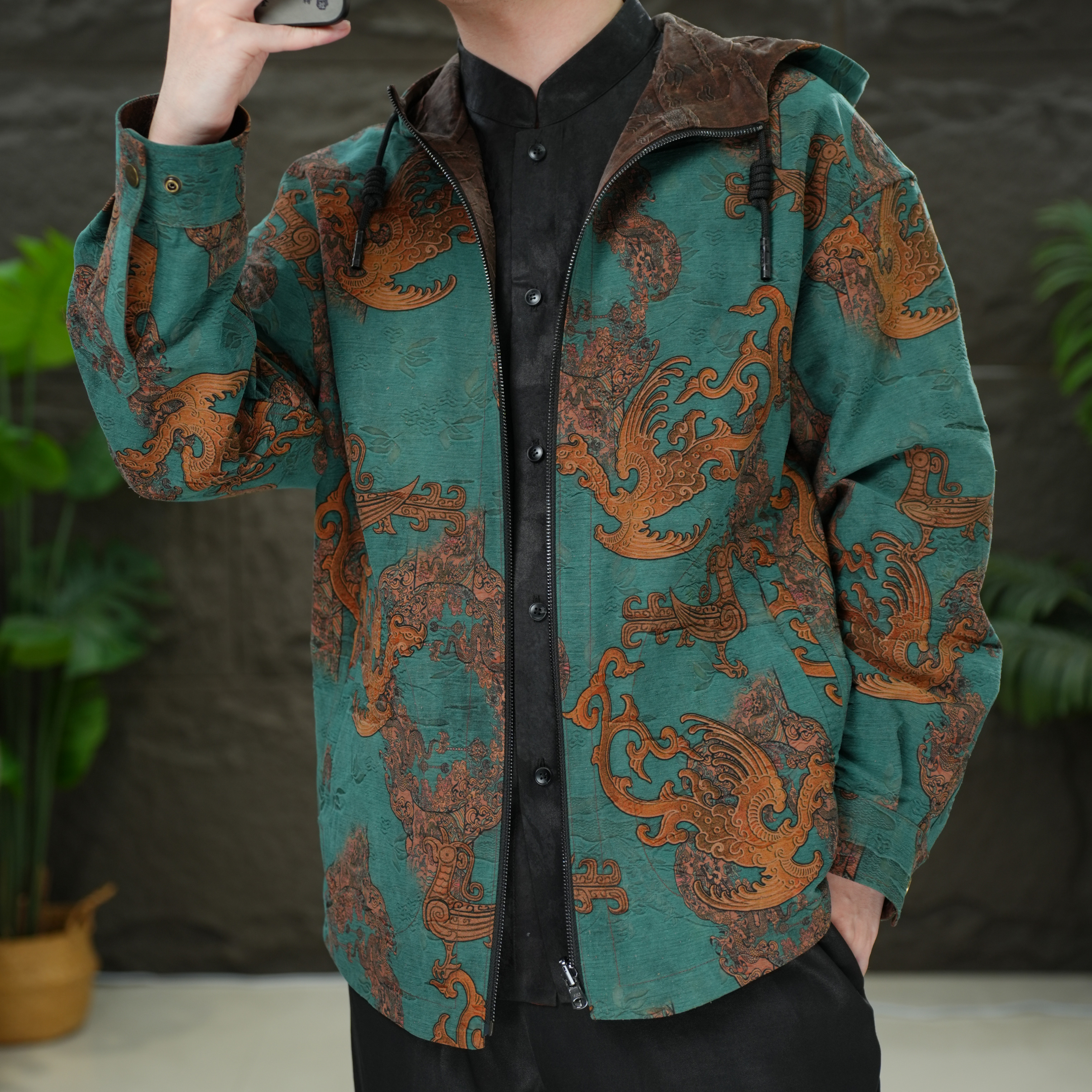 锦油花绸桑蚕丝香云纱双面穿玄鸟立体浮雕春秋外套连帽休闲夹克