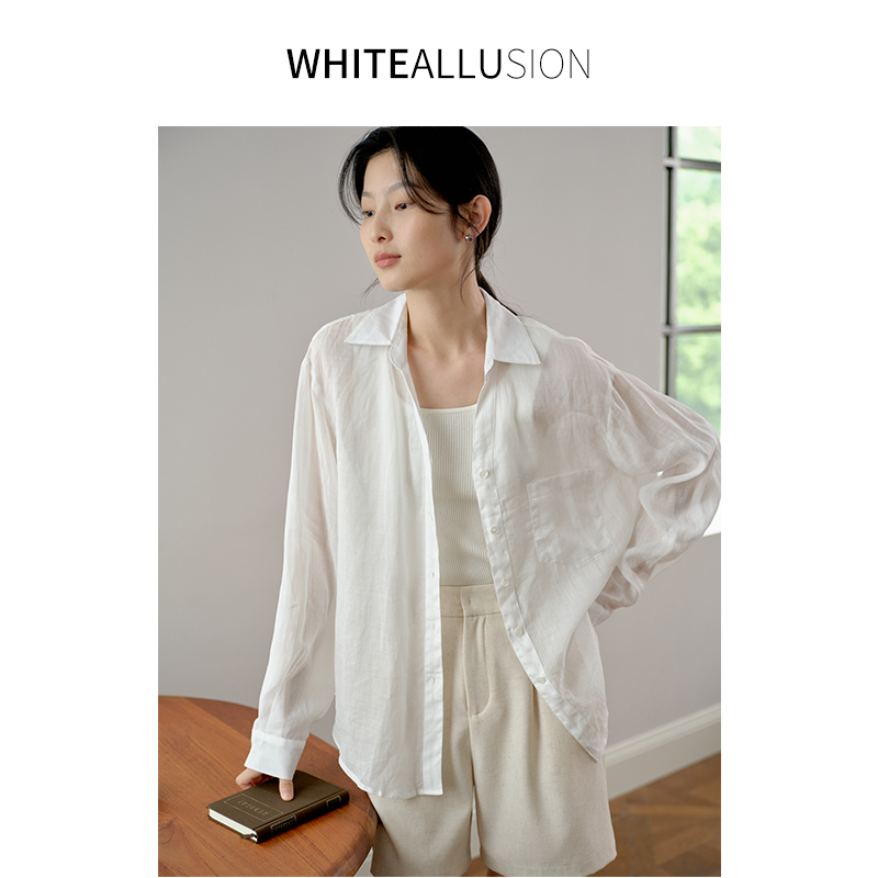 素典年中清仓【1896】高支细苎麻棉混纺纯色翻领衬衫透气防晒衬衣