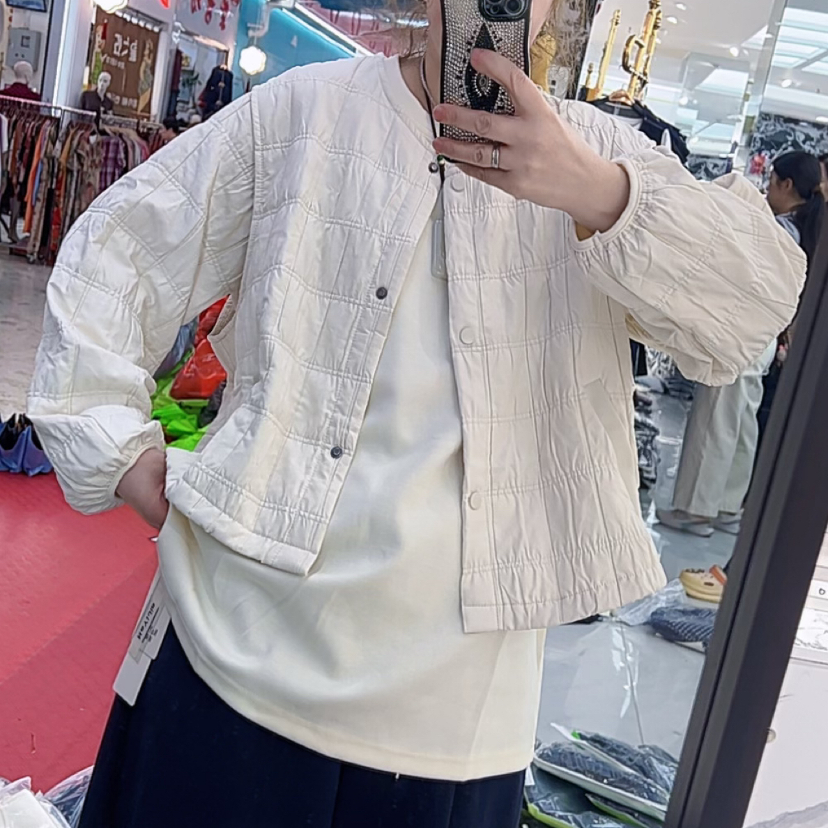 薄棉款通勤宽松型女常规系扣短外套拼接秋季ins百搭