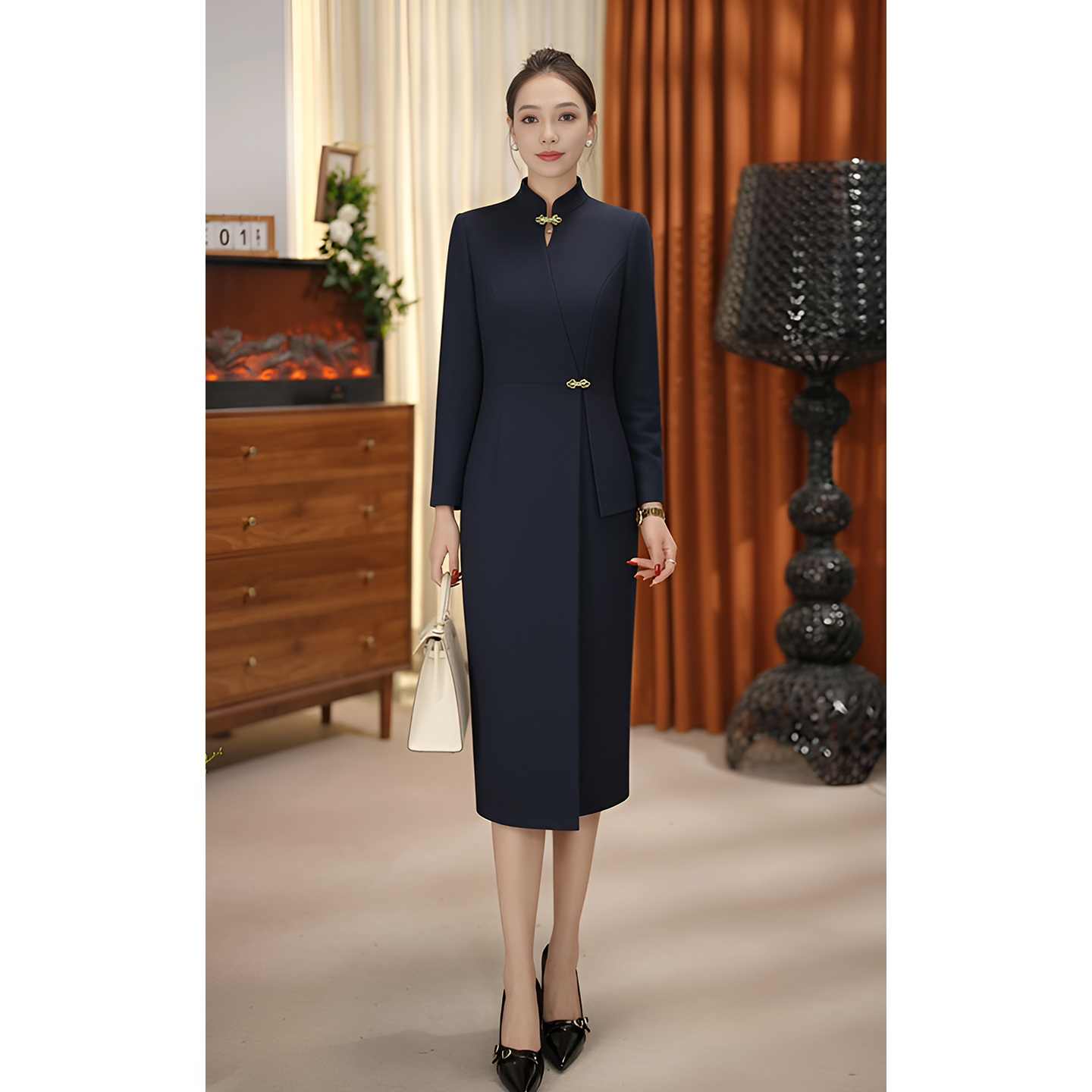 2025冬季新款气质优雅深藏青旗袍裙显瘦高腰修身轻奢女神PL2076Z