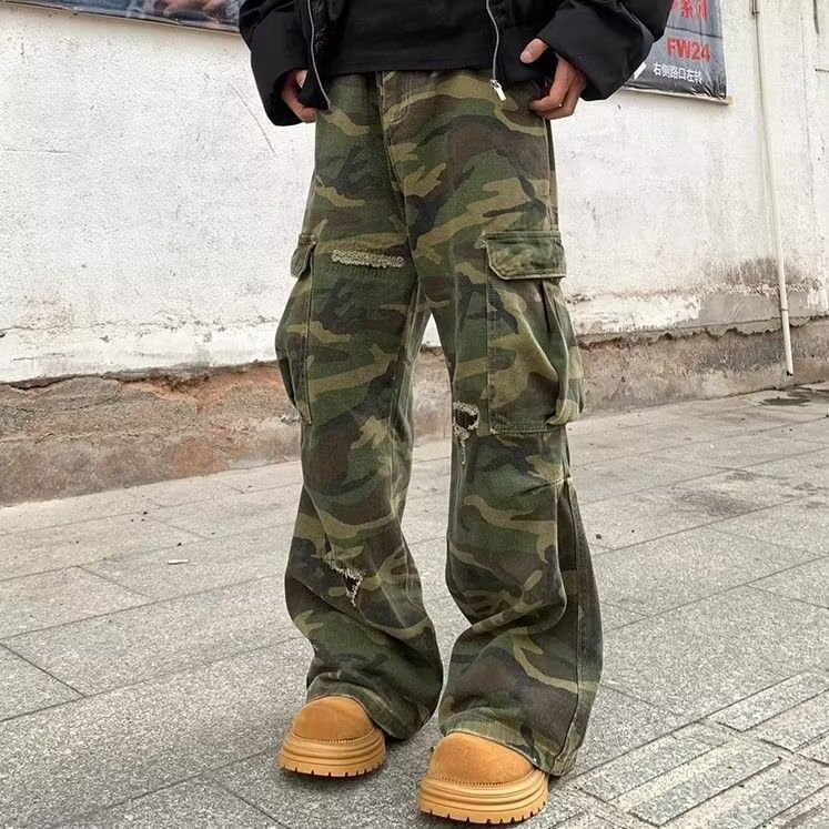 美式高街迷彩多口袋破坏设计直筒微喇牛仔裤男女百搭长裤潮