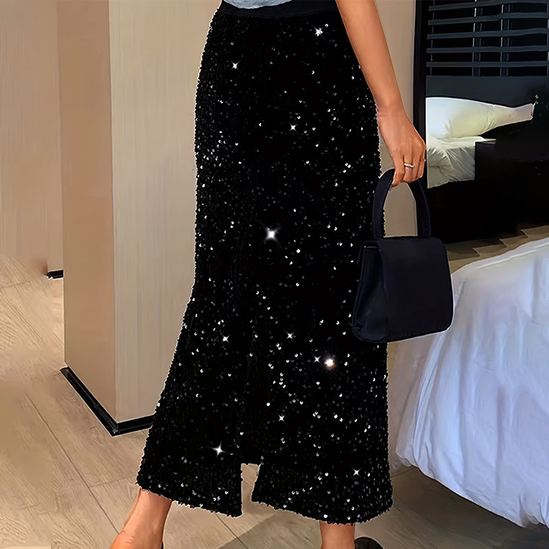 亚马逊优雅亮片半身裙显瘦针织中长裙气质通勤包臀裙休闲直筒裙