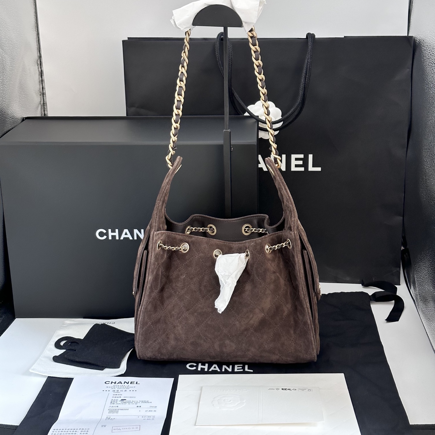 99新 Chanel/香奈儿 25bag深棕色麂皮小号单肩包 83174