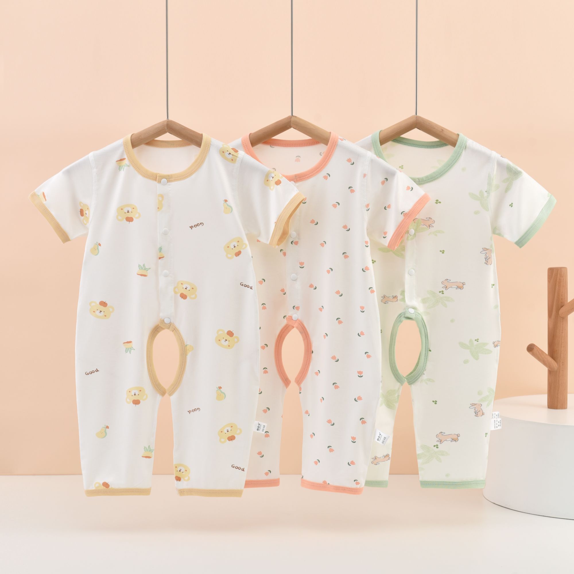 婴幼儿长裤短袖连体衣夏款莫代尔开裆婴儿空调服薄款爬服半袖哈衣