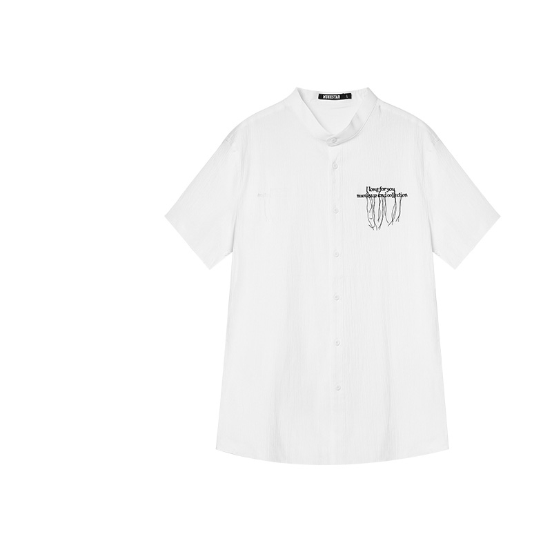 春8JI3285#男款时尚潮流立领短袖休闲男士衬衫纯色百搭设计上秋