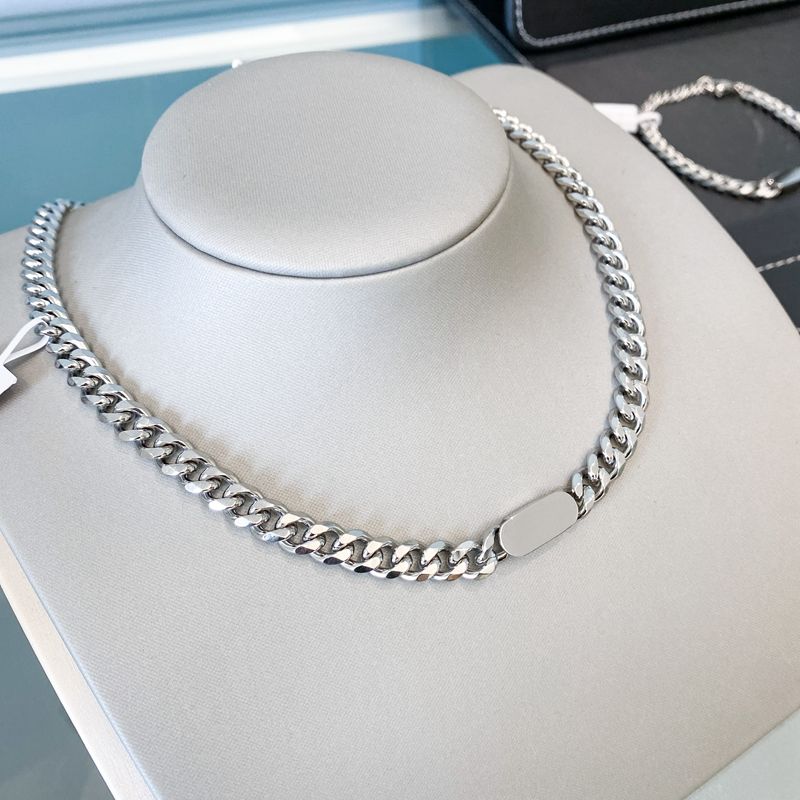 钛钢项链 银色  方牌古巴扁链项链1220