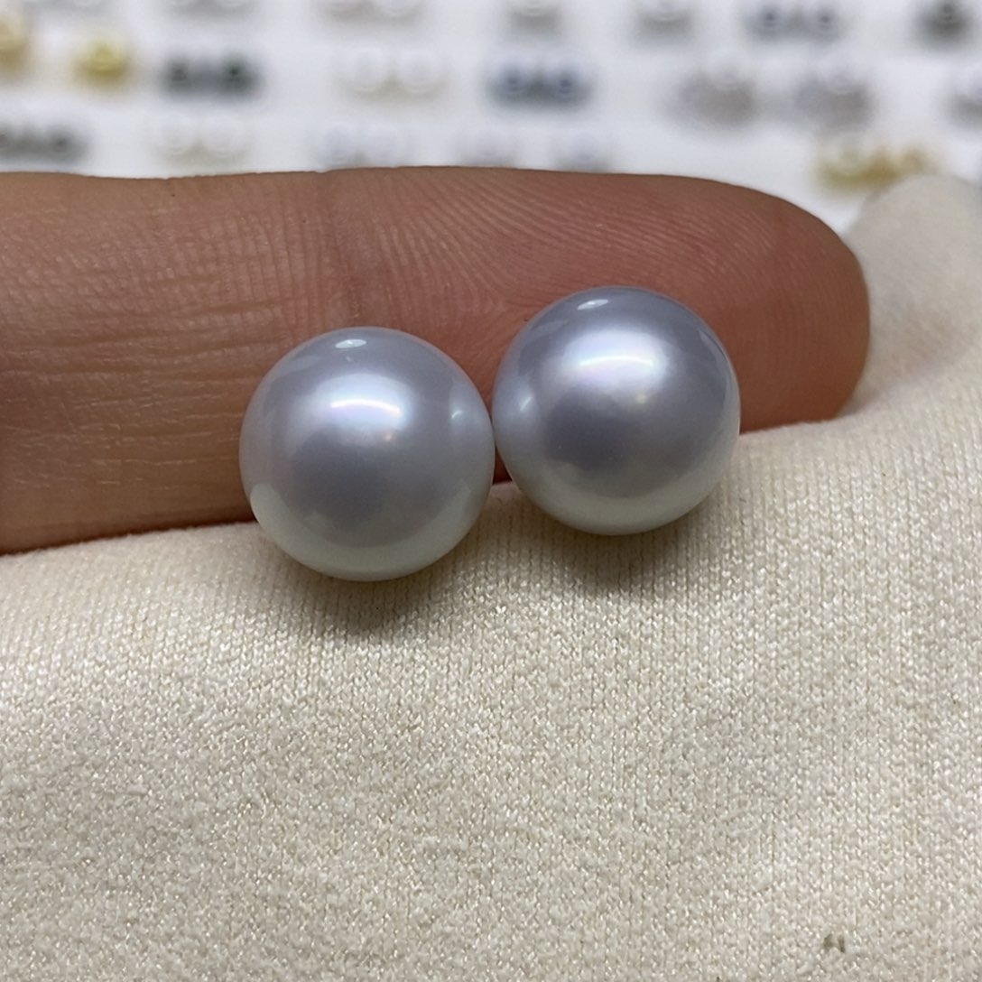 银S925镶嵌耳饰海水珍珠澳白素钉10-11