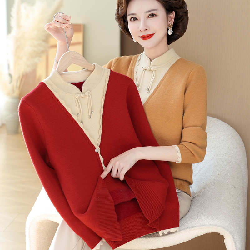 妈妈秋冬国风假两件毛衣一体绒针织打底衫新款女装加绒加厚上衣
