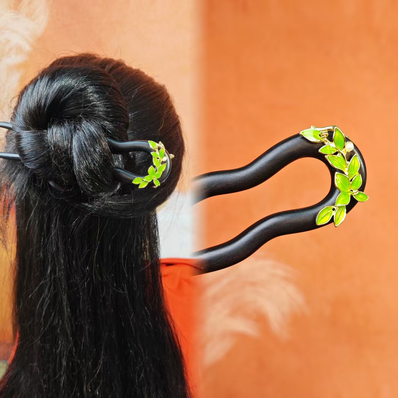 K465双钗绿色花花原创设计手工款15公分发簪