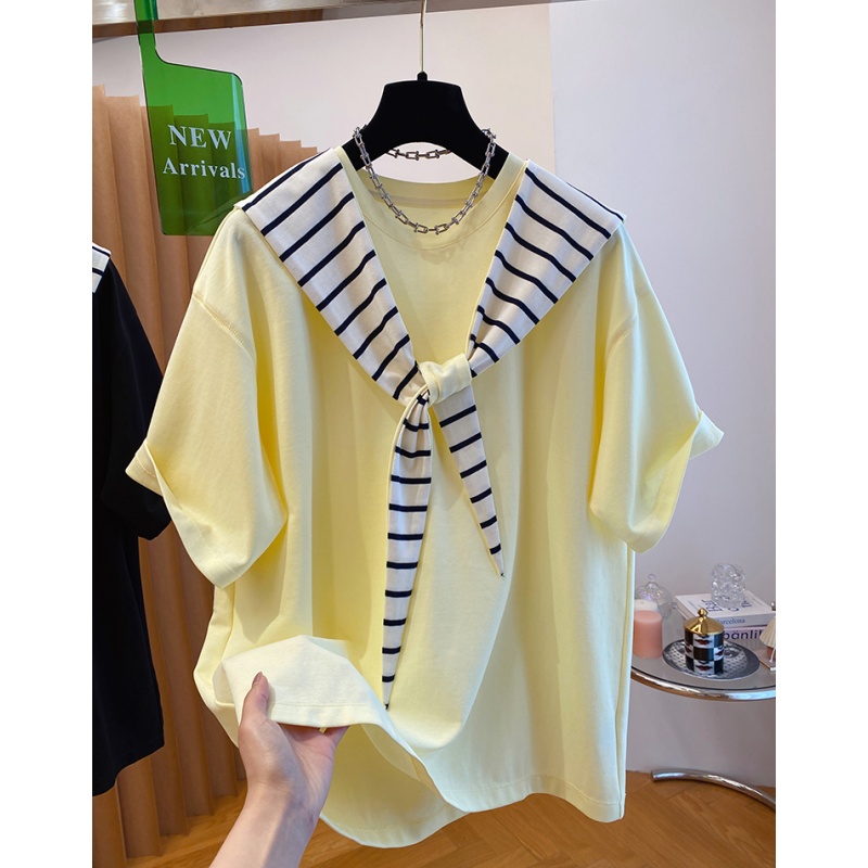 P082高级感连帽宽松大版条纹披肩加t恤女短袖两件套上衣2025夏季