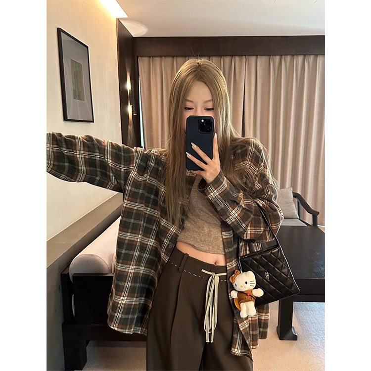 格子衬衫女复古慵懒风2025春秋韩系宽松休闲衬衣防晒长袖上衣外套