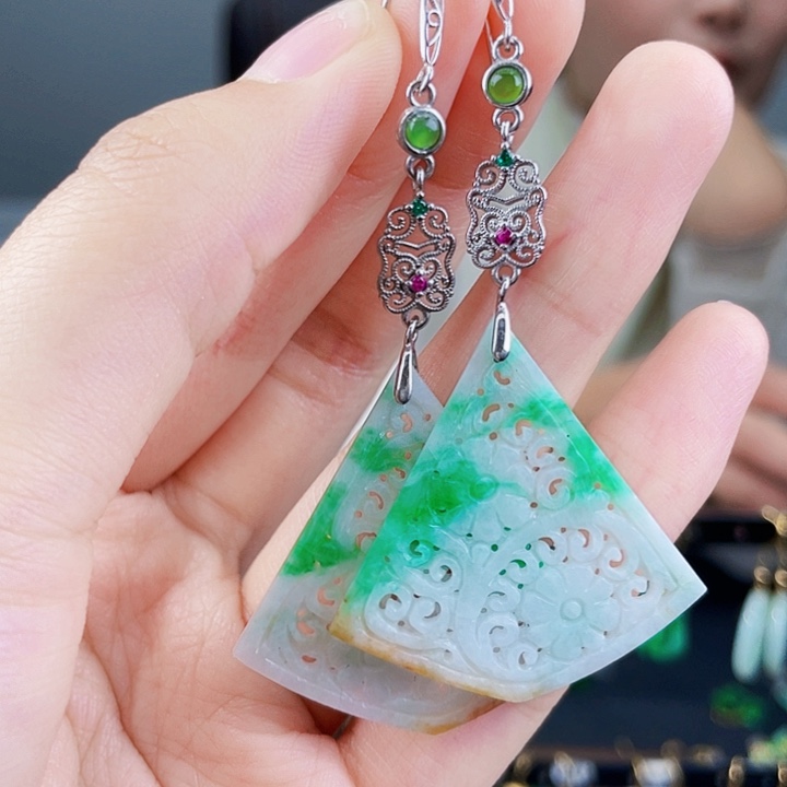 翡翠耳饰银S925镶嵌饰品