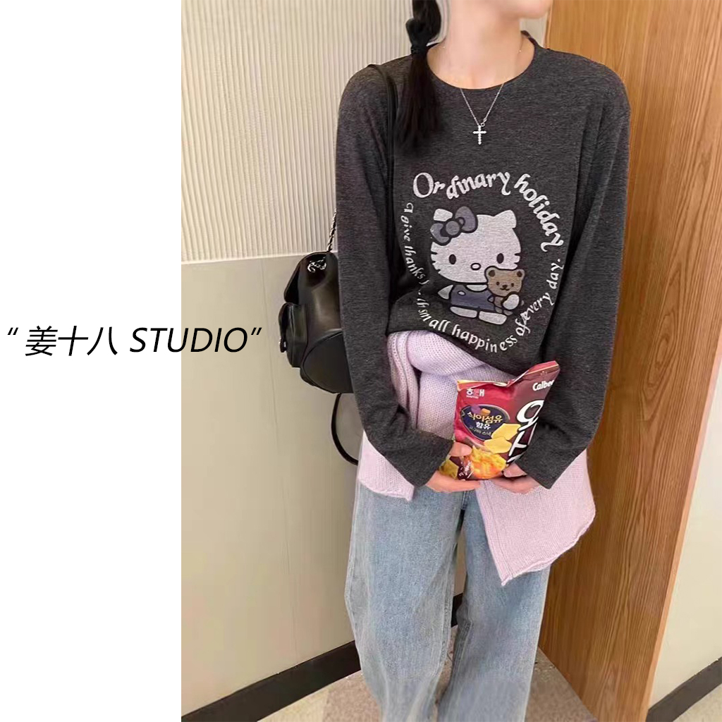 姜十八-「小猫碎片」韩国单！25初秋款可爱休闲kitty印花长袖T恤
