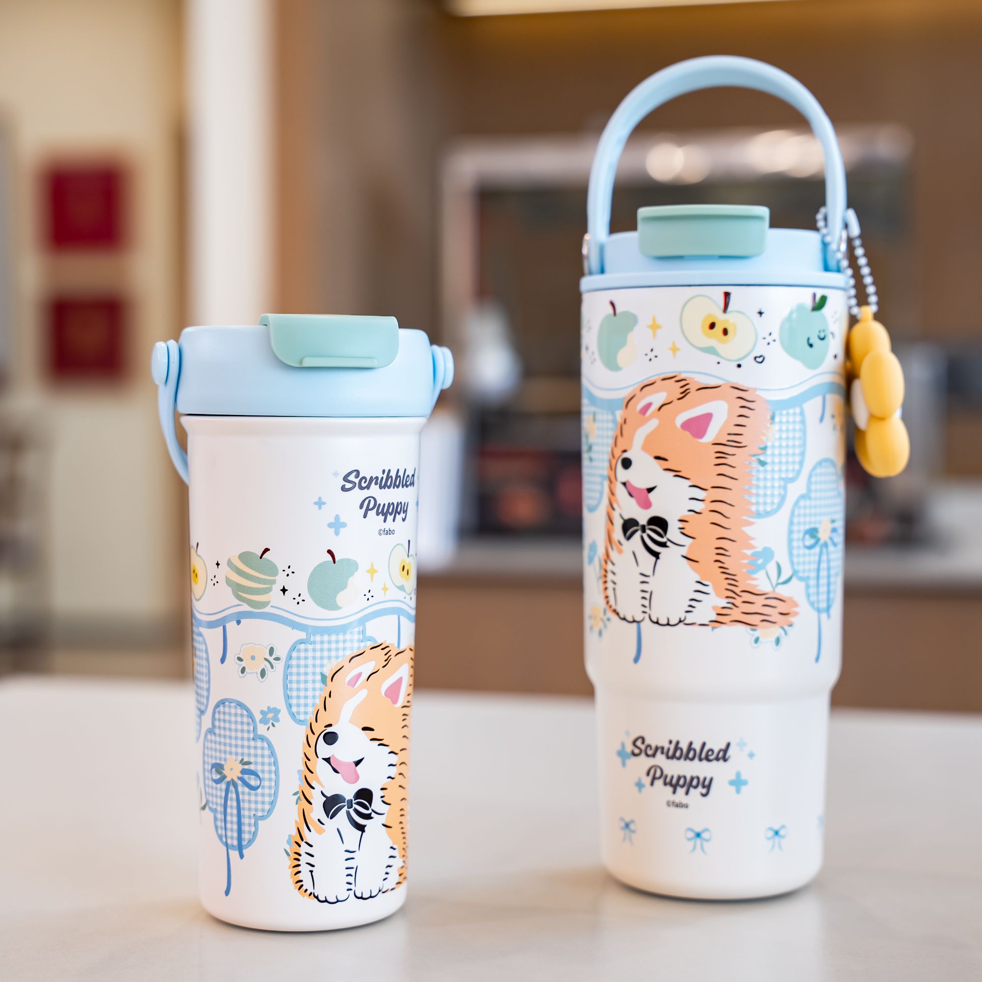 可爱网红柯基卡通画蓝色亲子旅行学生大容量便携弹跳双吸管保温杯