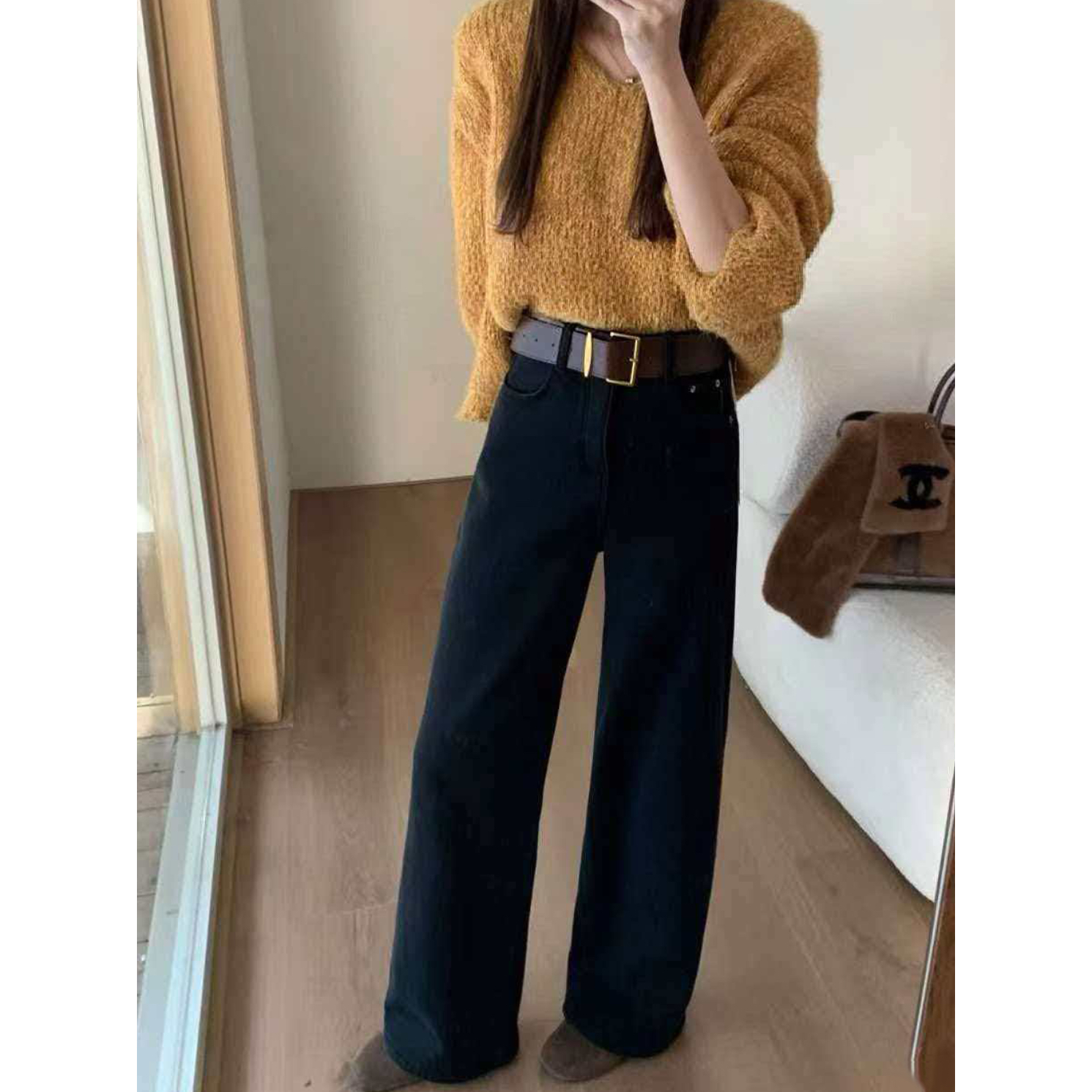 凡Fan【黑色厚绒】冬季新款加绒显瘦简约水洗软牛仔直筒裤