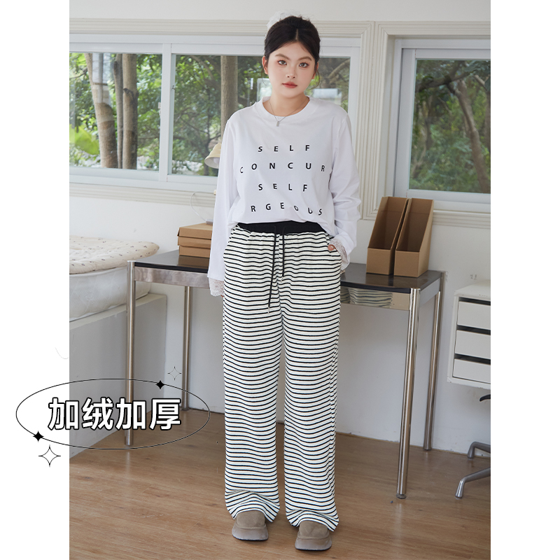 【C】大码女装秋动直筒休闲慵懒风条纹裤直筒裤/加绒 3906