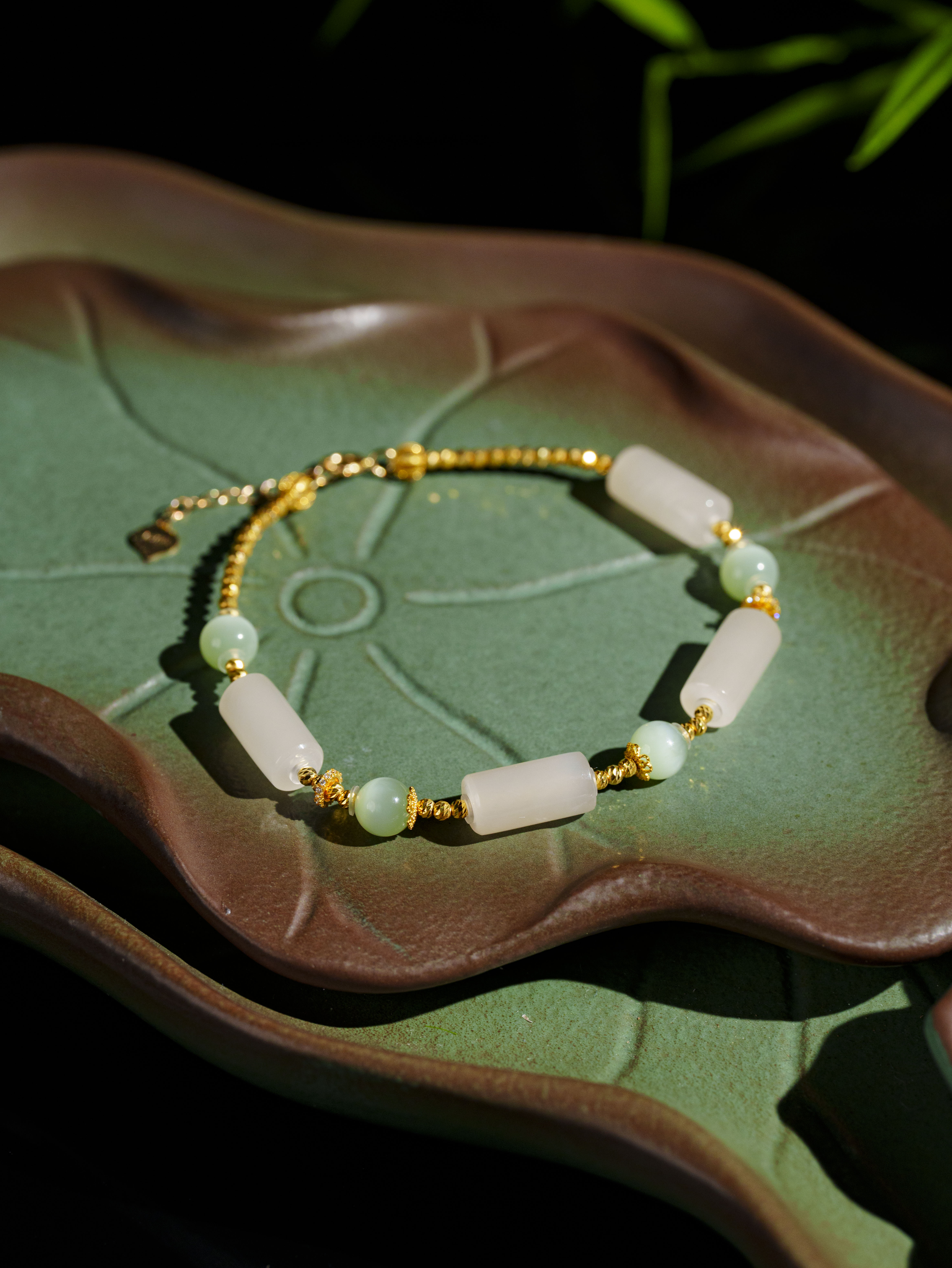 【花间】和田玉藕粉圆柱黑羊洞手链7.5m+D4032