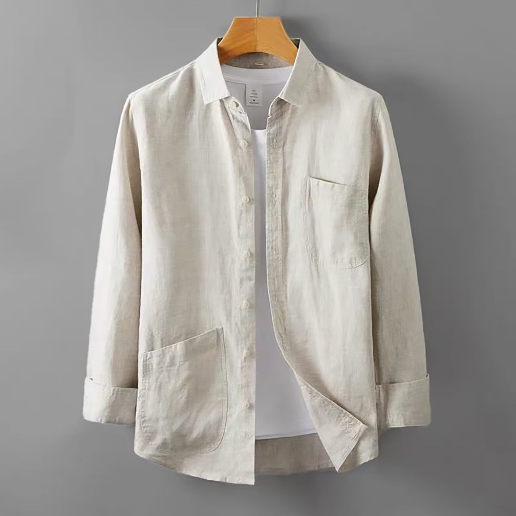 春夏装翻领长袖亚麻衬衫男士中年宽松大码休闲白寸衫棉麻衬衣外套