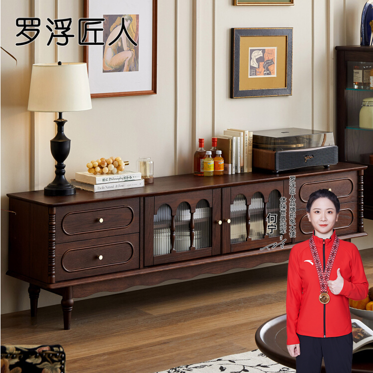 纯胡桃色中古风电视柜客厅家用复古小户型电视机柜实木收纳储物柜