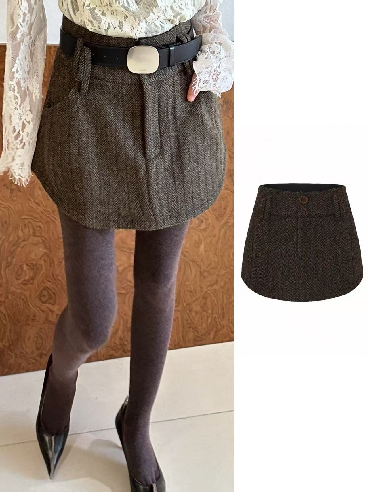 SENSEAWEEK 25秋冬羊毛人字纹弧下摆半裙