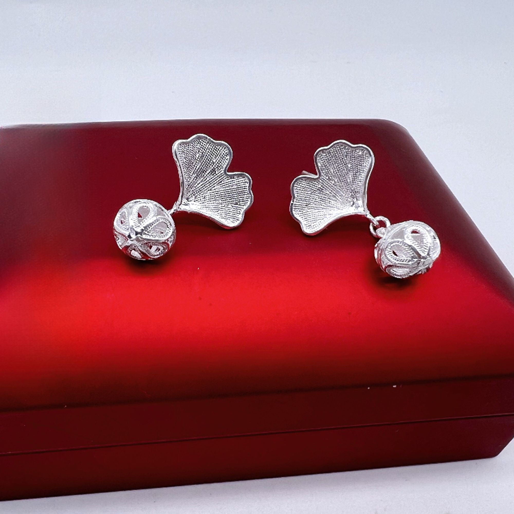 足银耳饰 银杏耳钉【金花银号】纯银足银原创纯手工制作