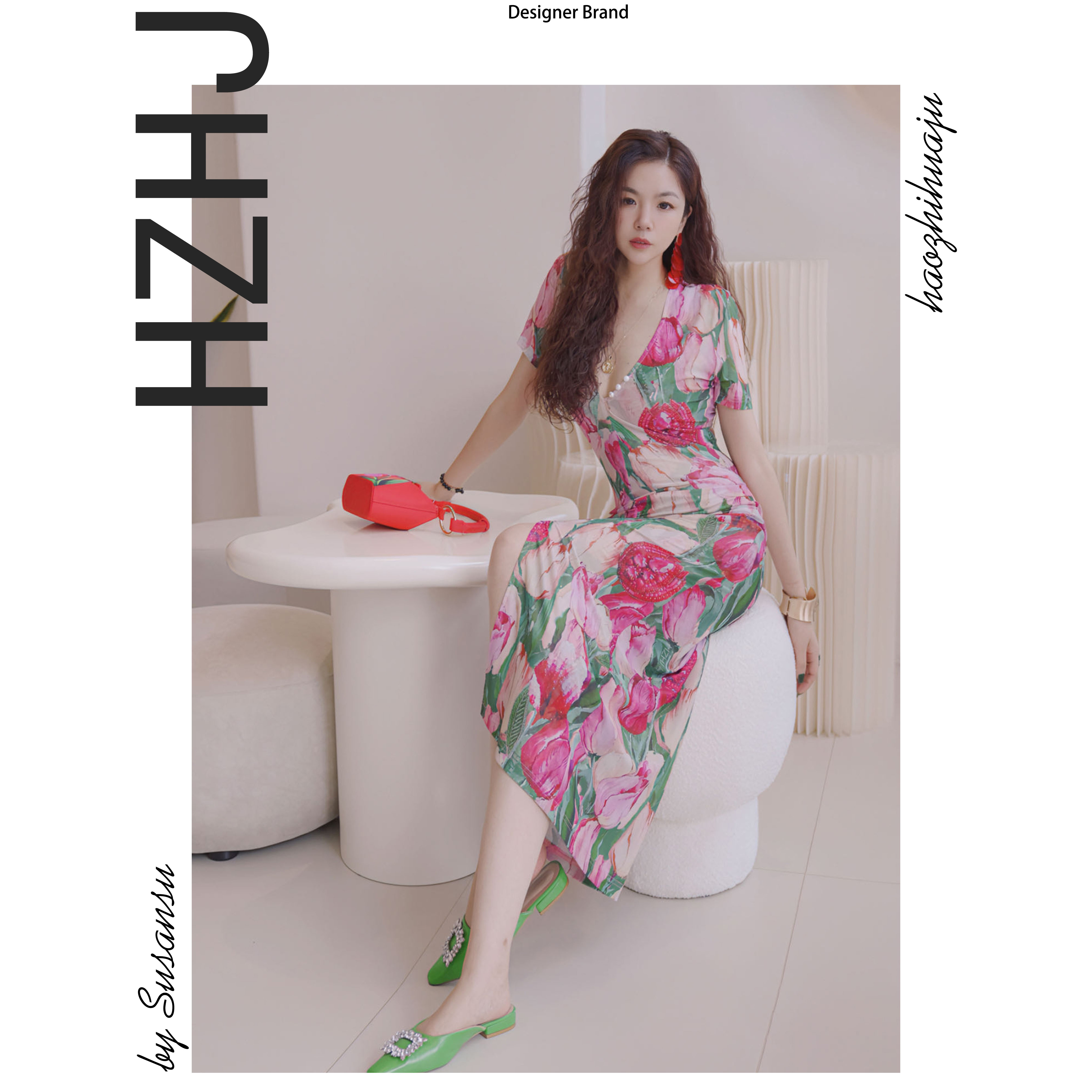HZHJ新款原创设计师款粉色郁金香连衣裙显白显瘦高级030时尚