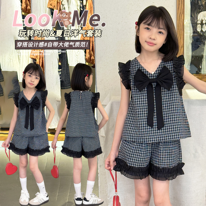 女童2025格子套装女夏新款时尚蝴蝶结无袖蕾丝衬衫阔腿短裤两件套
