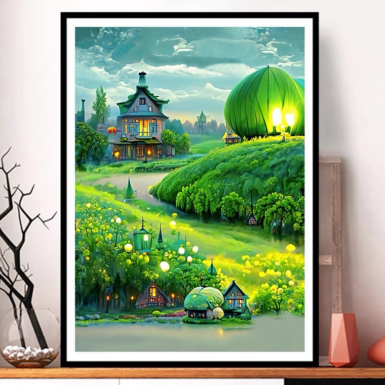 绿色田野小屋十字绣线绣2025新款现代简约唯美小清新客厅卧室百搭