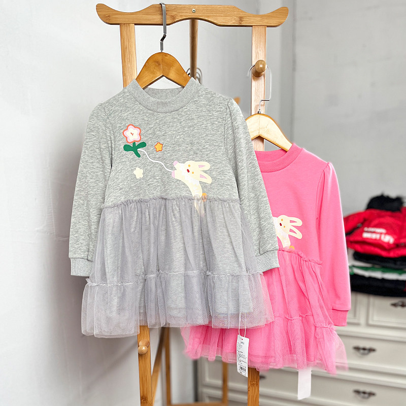 K628 童装110-150码 儿童毛圈长袖裙蕾丝连衣裙春秋女童卡通可爱