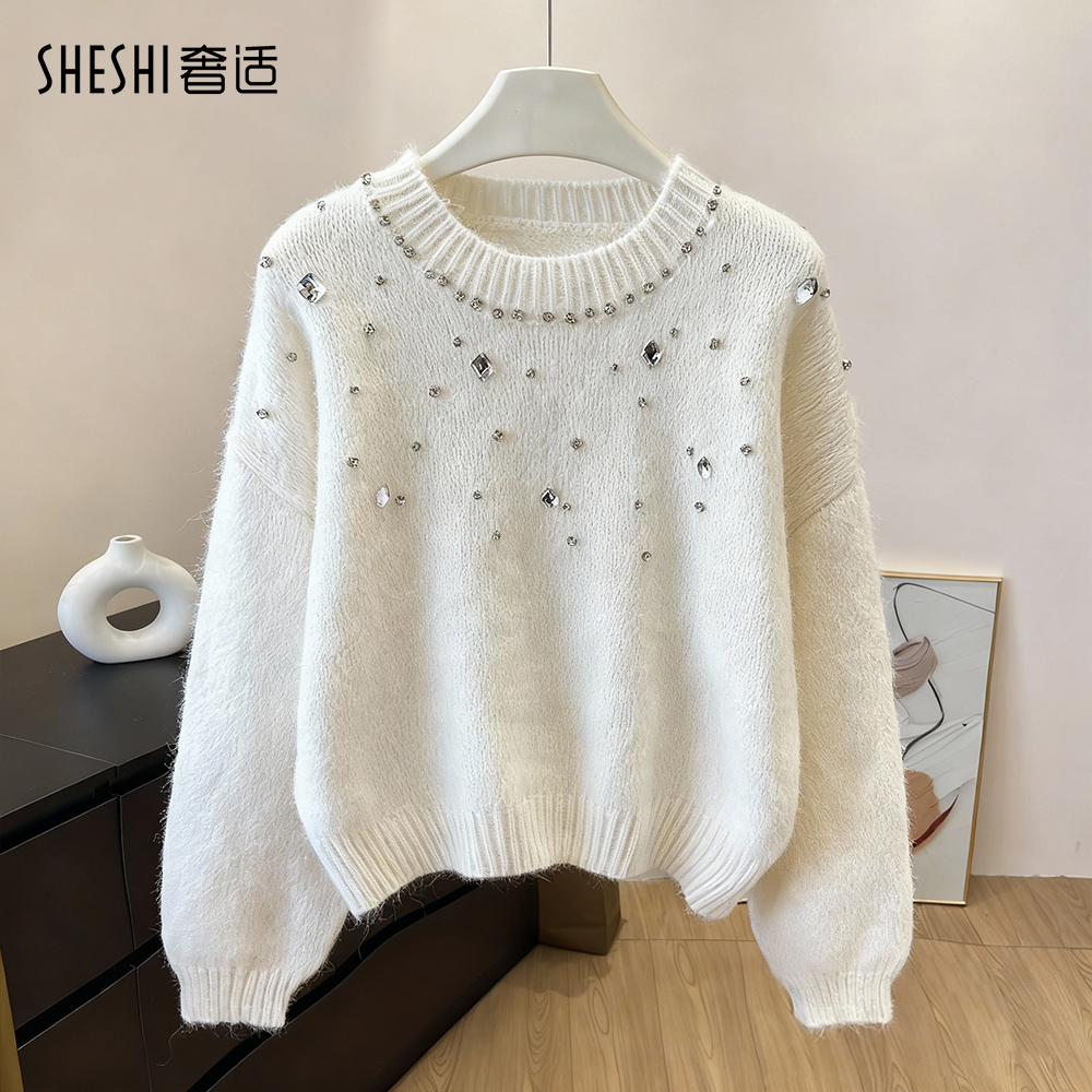 套头毛衣女冬新款设计感镶钻上衣外穿宽松休闲显瘦针织衫 5502